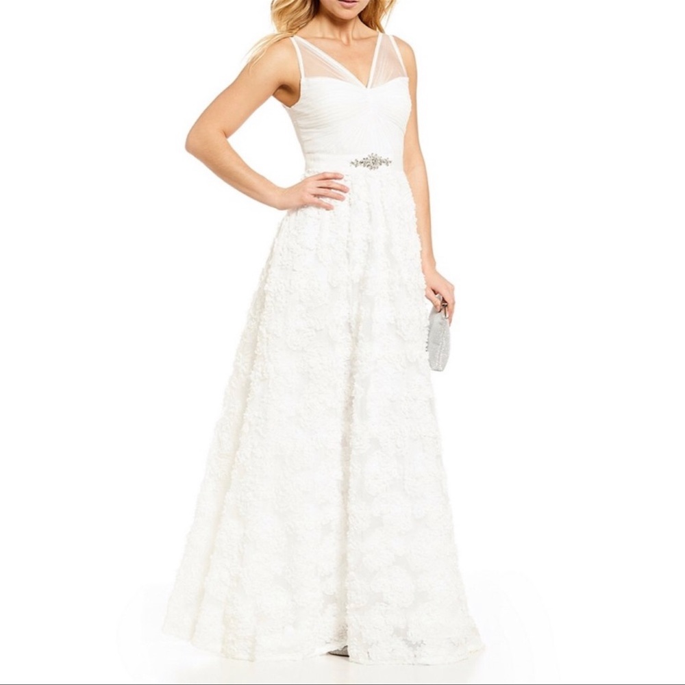 Adrianna papell illusion neckline with jewels sleeveless rosette long gown